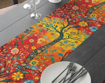 Tree of Life Table Runner: Vibrant Folk Art Bohemian Dining Decor