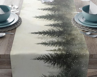 Winter Forest Table Runner, Christmas Evergreen Decor in Watercolor, Rustic Holiday Snowy Pine Table Linen, Wonderland Dining Table Decor