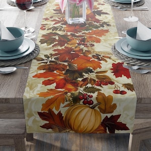 Autumn Table Runner with Fall Leaves & Pumpkin Pattern - Thanksgiving Decor, Rustic Farmhouse, Harvest Party, Boho Fall Table Linen