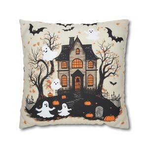 Haunted House Throw Pillow Cover, Halloween Decorative Ghosts and Bats Home Decor, Spooky Fall Cushion Cover, Horror Theme Pillow, Case Only