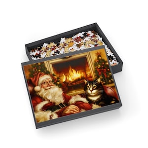 Santa by the Fireplace with Cat Jigsaw Puzzle (252, 500, 1000-Piece) | Cozy Christmas Scene | Festive Holiday Decor | Cat Lover Gift