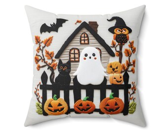 Almofada de Halloween com fantasma, gato preto, coruja e abóboras, almofada de bordado falso, decoração assustadora para casa, almofada, enchimento incluído