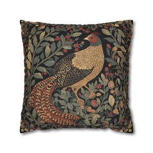 Golden Pheasant Pillow, William Morris Inspired, Floral Design, Woodland Bird Pillow, Farmhouse Style, Nature Decor, Throw Pillow Case Only