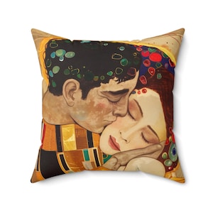 The Kissing Pillow - Klimt-Inspired Cushion, Art Deco, Romantic Home Decor, Unique Gift, Boho Accent, Vintage Style, Insert Included