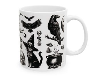 Witchy Crow & Cat Mug: Gothic Halloween Menagerie (11oz, 15oz)