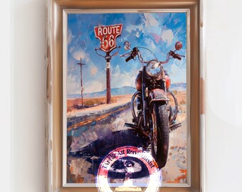Motorcycle Route 66 Sign Roadside Classic American Digital Art Print | Luxury Wall Décor for Homes and Mansions