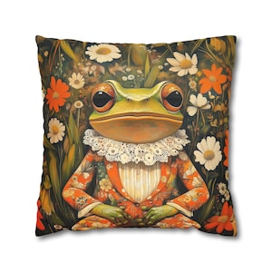 Regal Frog in Bloom Pillow - Cottagecore Decor, Vintage Floral Frog Art, Whimsical Animal Cushion Cover, Boho Home Accent, Case Only