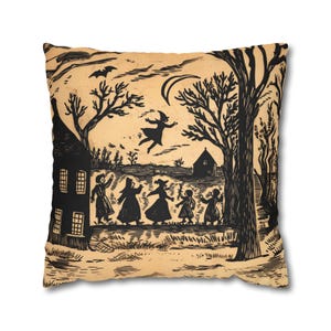 Witch Dance Throw Pillow Cover, Halloween Home Décor, Spooky Black and White Design, Vintage Style Cushion for Halloween Lovers, Cover Only