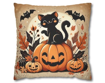 Black Cat Halloween Pillow, Pumpkin, Fall Decor, Spooky Cushion Cover, Cute Cat Throw Pillow, Halloween Gift Idea, Home Accent, Case Only