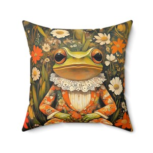 Regal Frog in Bloom Pillow - Whimsical Nature Decor, Vintage Floral Accent, Botanical Frog Art Cushion, Cottagecore Home, Includes Insert