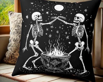 Enchanted Skeletons Dance Pillow, Witchy Skeleton Pillow, Magic Cauldron Decor, Gothic Halloween Cushion, Vintage-Inspired, Spooky Skeleton