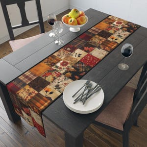 Vintage Patchwork Fall Table Runner, Painted Quilted Autumn Decor, Rustic Farmhouse Style, Thanksgiving Table Accent, Cozy Home Linen