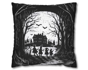 Haunted House Halloween Pillow, Moonlit Witch Silhouette Decor Spooky Home Accent, Gothic Halloween Cushion, Fall Throw Pillow, Cover Only