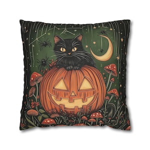 Black Cat on Pumpkin Pillow, Spooky Moonlit Night Decor, Halloween Gift, Witchy Decor, Gothic Home Accent, Cat Lover, Occult Gift, Case Only