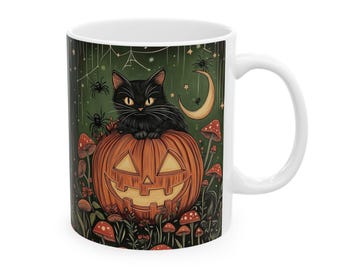 May include: A white ceramic mug with a black cat sitting on top of a jack-o'-lantern. The background is a dark green forest with spiderwebs and mushrooms.