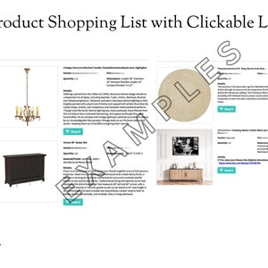 May include: A product shopping list with clickable links for home decor items. The list includes a vintage brass chandelier, a dark wood bar cabinet, a round area rug, and a framed black and white vintage print.