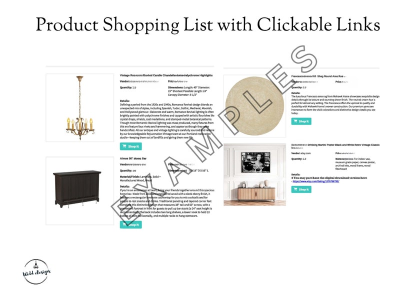May include: A product shopping list with clickable links for home decor items. The list includes a vintage brass chandelier, a dark wood bar cabinet, a round area rug, and a framed black and white vintage print.