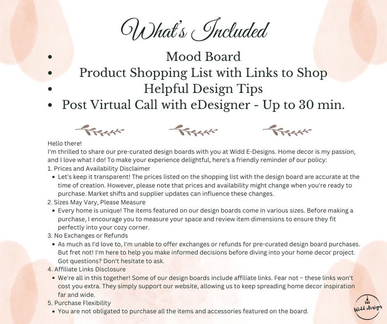 May include: A pink and white graphic with the text "What's Included" and a list of services offered: Mood Board, Product Shopping List with Links to Shop, Helpful Design Tips, and Post Virtual Call with eDesigner - Up to 30 min.