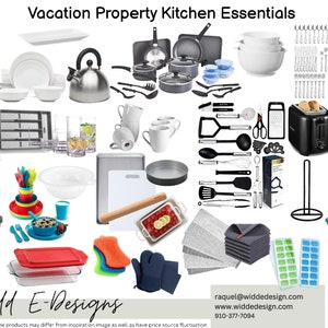 Puede incluir: Una colección de artículos de cocina esenciales para una propiedad vacacional, que incluye una cafetera, una tetera, platos, utensilios de cocina, cubiertos, una licuadora, una tostadora, una tabla de cortar, un rodillo, guantes para horno, toallas de cocina, un cubo de basura, una jarra, bandejas de cubitos de hielo y un soporte para papel de cocina.