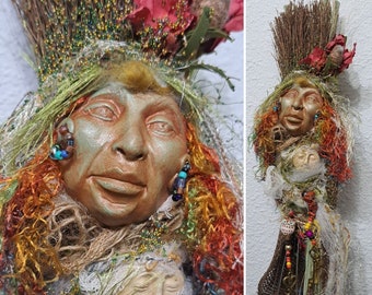 OOAK Mixed media fiber Art Doll, Kitchen witch besom