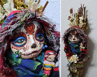 Sugar Skull, OOAK Kitchen witch art doll, wisdom and creativity