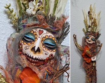 OOAK art doll, Sugar Skull Mexican Folk art, Halloween decoration