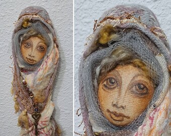 Fiber Textile, Slow Stitching, Mixed media figure, OOAK art doll, hand stitched, Yule tree topper, unique holiday gift, SB16