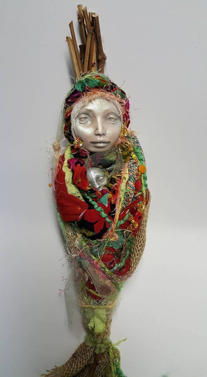 Clay And Lace Decor Spirit Figure Handcrafter Doll Fabric Sculpture Brigid Textile Art Doll Ancient Goddess Art