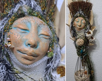 Winter Moon, OOAK Art doll, Mixed media fiber, Kitchen witch besom