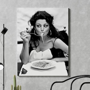 Italian Woman Eating Spaghetti Poster, Black and White Vintage Photo, Pasta Print, Dining Room Decor, Kitchen Wall Decor