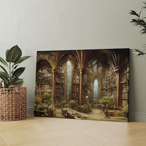 Enter the Realm of Imagination: Fantasy Library Painting - Canvas Art Prints and Printable Versions to Transform Your Space Framed Canvas