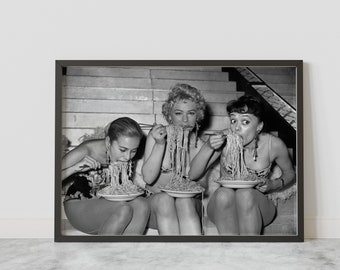 Women Eating Spaghetti: Vintage Italian Black and White Photography Print