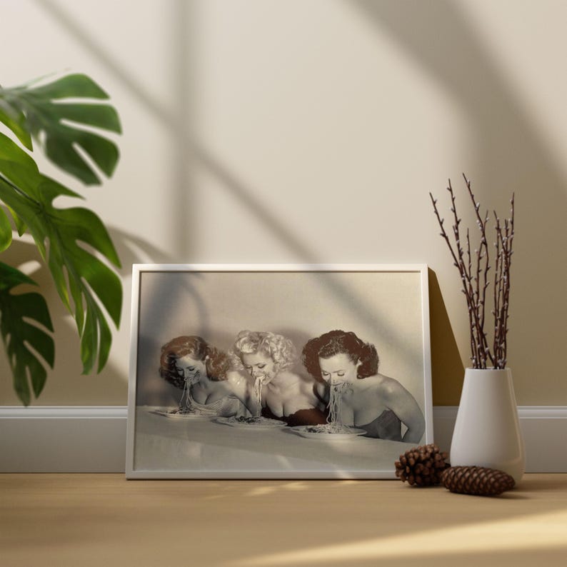 Woman Eating Spaghetti Poster, 1958, Black and White, Vintage Print