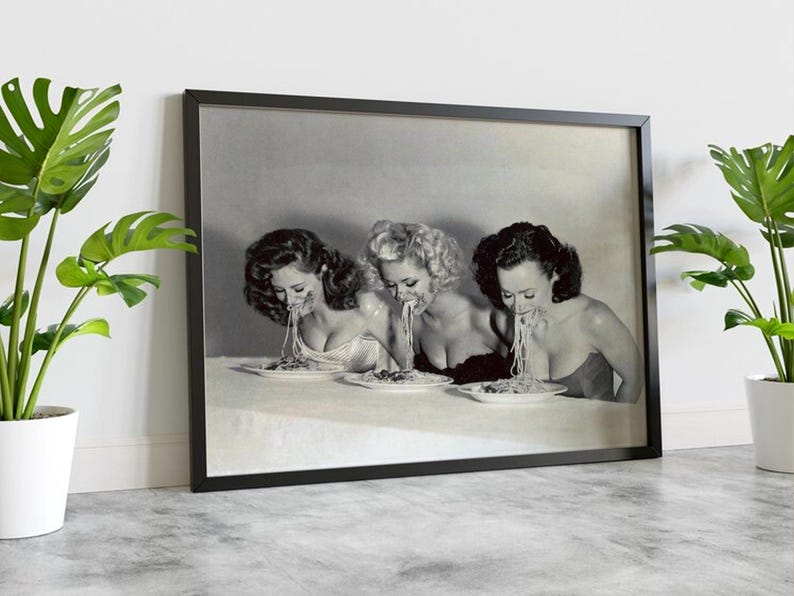 Woman Eating Spaghetti Poster, 1958, Black and White, Vintage Print