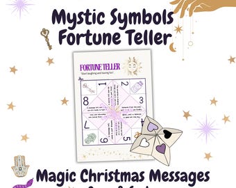 Op de afbeelding: Een witte papieren waarzegger met de tekst "Fortune Teller" en "Mystic Symbols" is omringd door sterren en decoratieve elementen. De waarzegger heeft nummers en berichten. De tekst "Magic Christmas Messages Open & See!" is ook aanwezig.