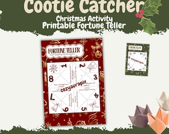 Op de afbeelding: Een rood en goud kerstthema Cootie Catcher, ook bekend als een Fortune Teller, met de tekst "Cootie Catcher Christmas Activity Printable Fortune Teller". Bevat een kleinere versie en gevouwen papieren voorbeelden.