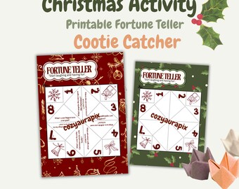 Op de afbeelding: Een printbare kerst-fortuinverteller, ook wel cootie catcher genoemd, in rood en groen. De fortuinvertellers hebben nummers, afbeeldingen en tekst. De tekst bevat "Fortune Teller" en "Start laughing and having fun."