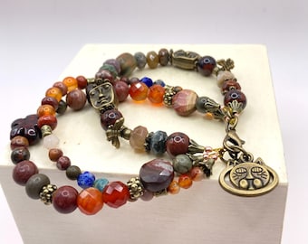 Triple strand gemstone bracelet, Jasper bead bracelet, Boho style bracelet, Chunky gemstone bracelet, OOAK jewelry, Multigemstone bracelet
