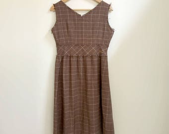 Cotton a-line plaid midi dress sleeveless brown