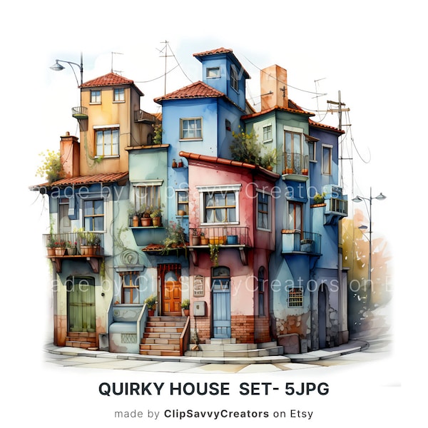 Quirky Houses Clipart 5 High Quality JPGs, Digital Download, Junk Journals, Wall Art