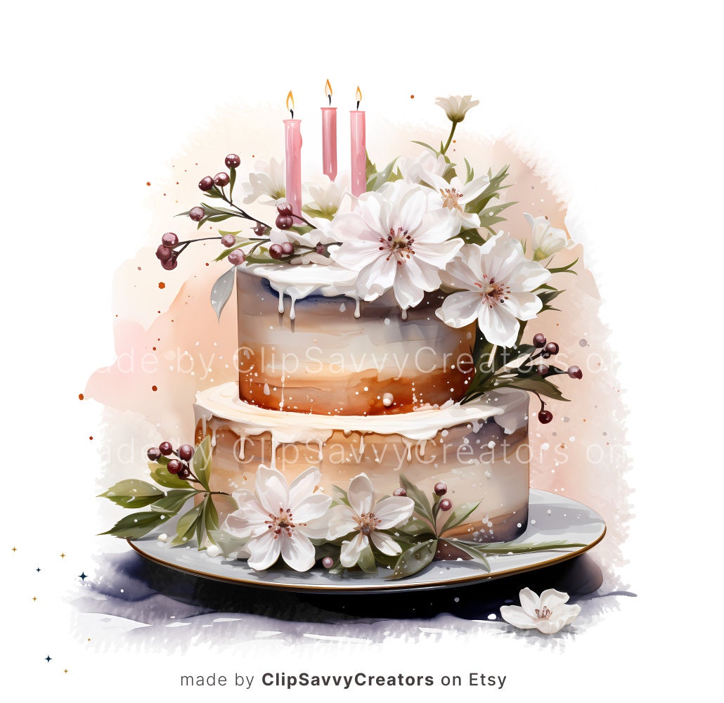 Birthday Cake Clipart Set Watercolor Design Happy Birthday Journaling ...