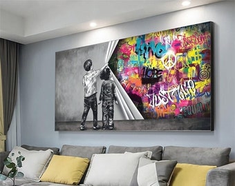 Graffiti niño descubierto colorido amor esperanza lienzo Bansky pintura arte de pared imagen para decoración para sala de estar