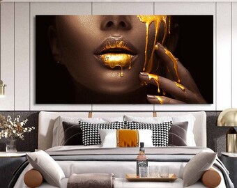 Cara de mujer negra con pinturas en lienzo líquido dorado en la pared, carteles e impresiones, Cuadros, imágenes para la vida