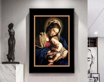 Pintura al óleo sobre lienzo de la Virgen María sosteniendo a Jesús, pintura de icono católico, póster, imagen artística de pared para madre e hijo, hogar