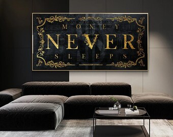 Money Never Sleeps Golden Graffiti Art Posters and Prints Inspiration Wall Art Pictures Dollor Fashion Art