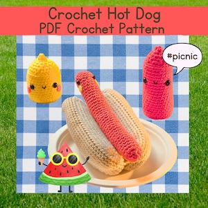 Amigurumi Hot Dog Crochet Pattern – Kawaii Food Plush PDF – Mustard & Ketchup Toys – Picnic Decor – Instant Download