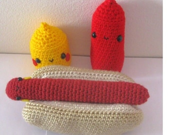 Amigurumi-haakpatroon voor hotdog, ketchup en mosterd