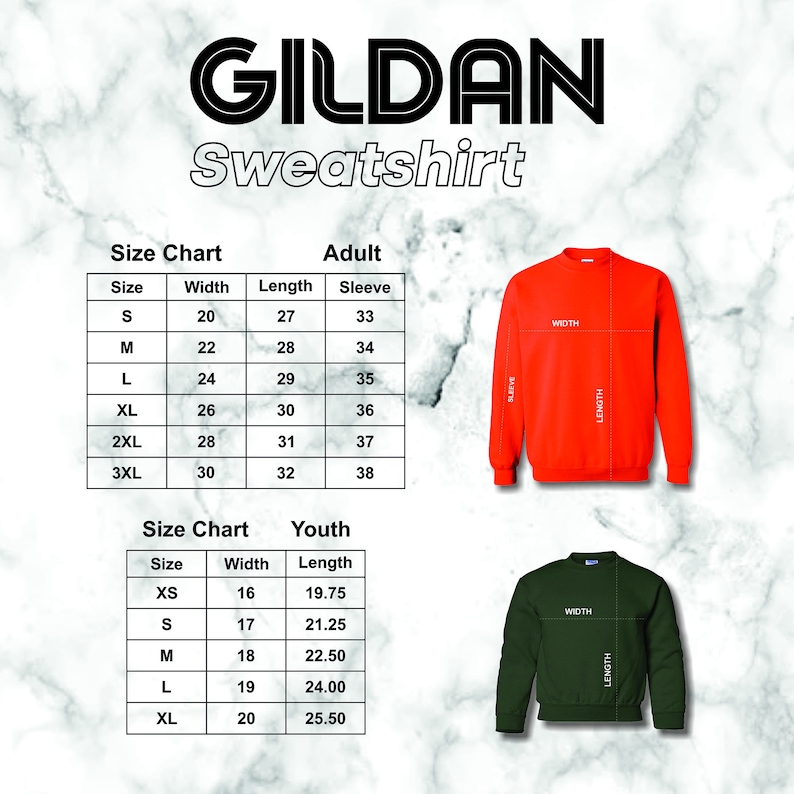 May include: Size chart for Gildan sweatshirts in adult and youth sizes. The chart shows the width, length, and sleeve length in inches for each size. The chart is illustrated with a red adult sweatshirt and a green youth sweatshirt.