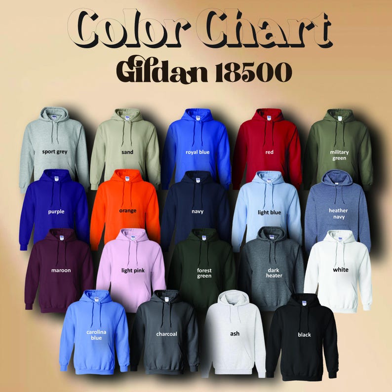 K&ouml;nnte beinhalten: Eine Farbkarte von Gildan 18500 Hoodies in verschiedenen Farben, darunter Sportgrau, K&ouml;nigsblau, Rot und Schwarz. Das Bild zeigt eine Reihe von Farbt&ouml;nen wie Lila, Orange und Hellrosa, wobei jeder Hoodie mit seinem jeweiligen Farbnamen beschriftet ist.