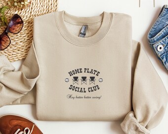 Embroidered Home Plate Social Club Sweatshirt, Baseball Season Crewneck, Baseball Mom Sweater, Baseball Mama Sweatshirt, Cute Baseball Sweat